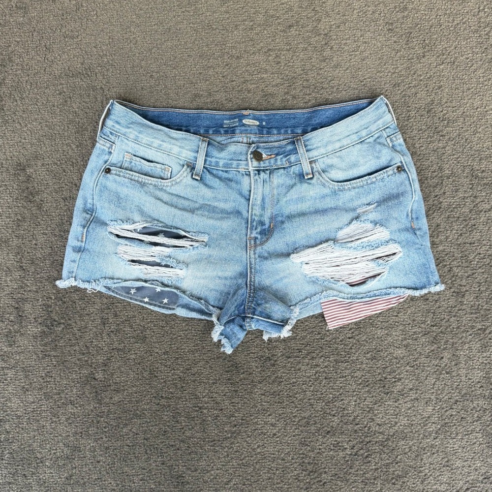 Old Navy Women Distressed Americana Denim Shorts Light Wash Stars Stripes Size 8